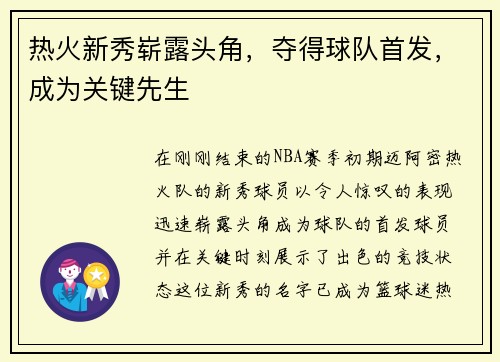 热火新秀崭露头角，夺得球队首发，成为关键先生