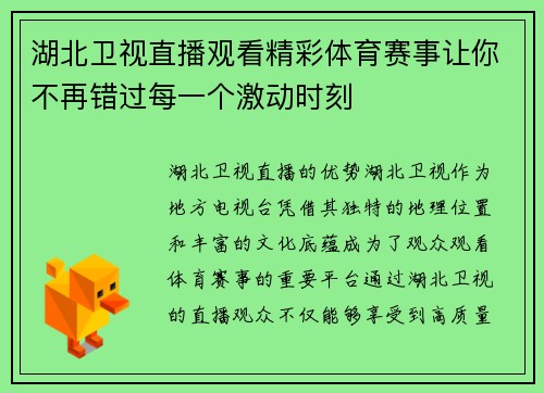 湖北卫视直播观看精彩体育赛事让你不再错过每一个激动时刻